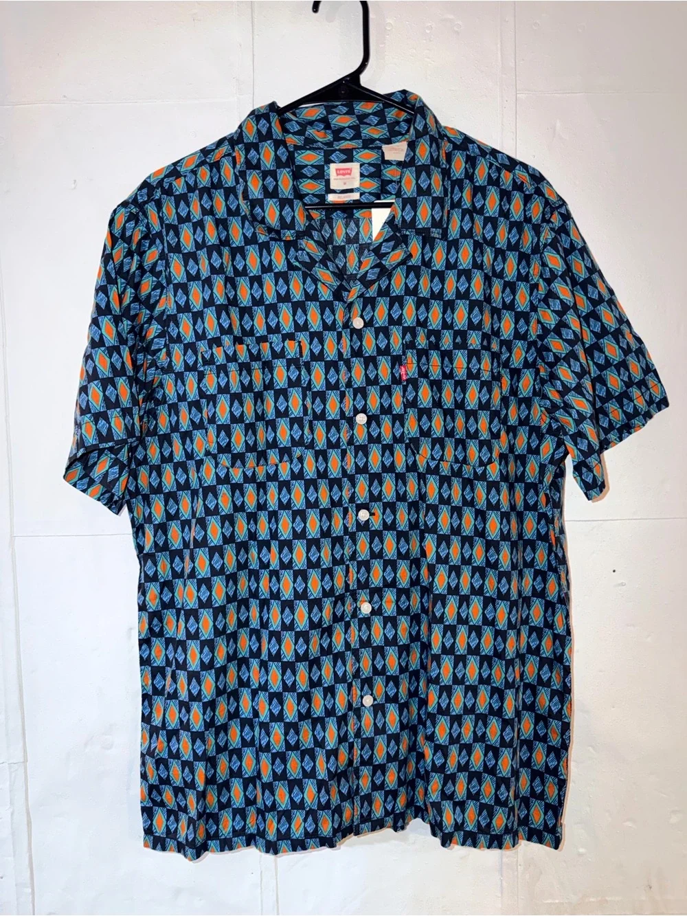 Levi's Navy Short-Sleeve Geometric Button-Down with Blue and Orange Accents
